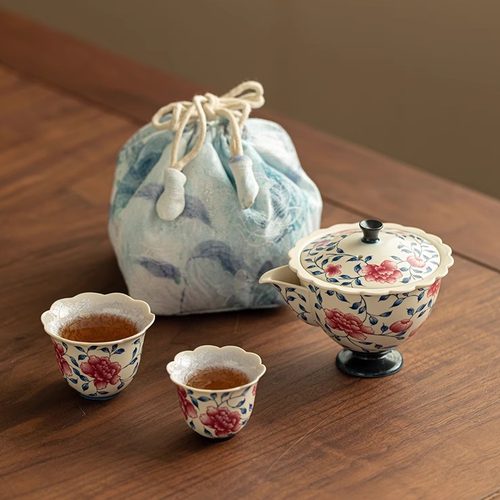 结晶釉缠枝莲牡丹一壶两杯快客杯