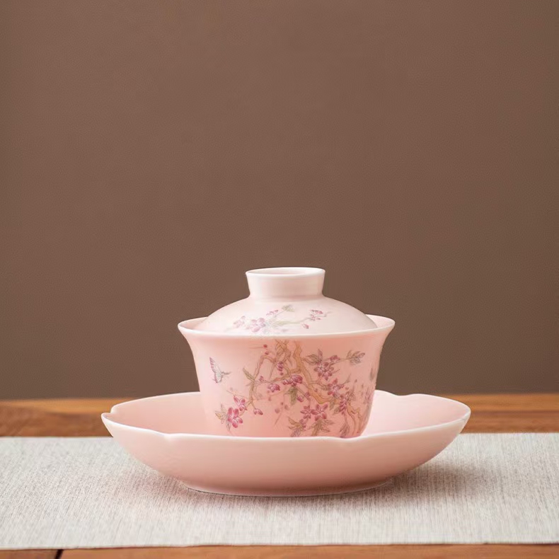 粉汝紫藤花三才盖碗家用敬茶碗