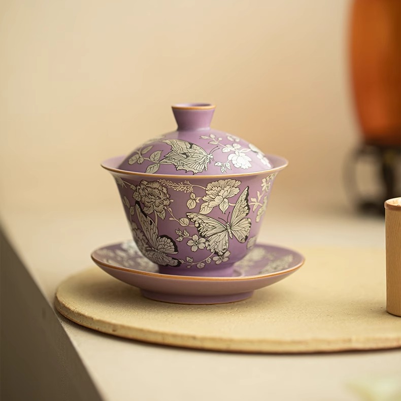 紫汝鎏银蝶恋花三才盖碗