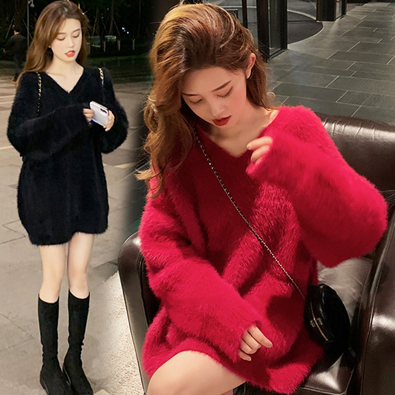 가을 겨울 여성을 위한 고급 게으르고 부드러운 브이넥 모헤어 스웨터 두꺼워진 느슨한 풀오버 니트 출산복