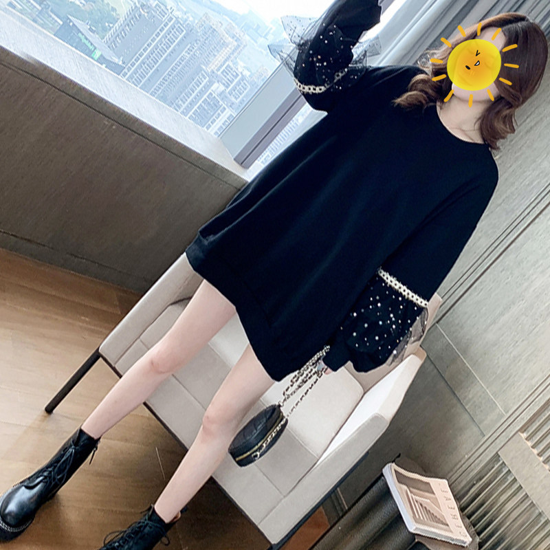 출산 가을 착용 정장 2024 새로운 패션 스타일 랜턴 슬리브 메쉬 느슨한 유행 MA 스웨터 중간 길이 가을 겨울