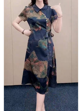 洋气新中式改良旗袍裙女2025夏季新款秀气方领短袖系带收腰A字裙