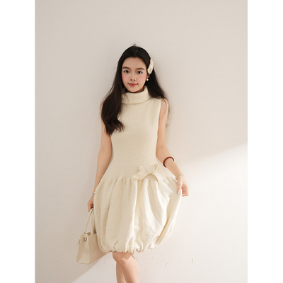 【云朵慕斯】韩系高领蝴蝶结无袖连衣裙春秋少女内搭修身花苞短裙