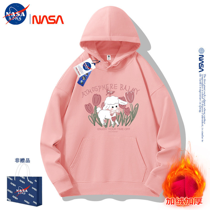 NASA连帽卫衣女加绒加厚秋冬外套重磅美式帽衫宽松大码情侣装定制