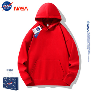 NASA联名红色连帽卫衣纯色马年本命年长袖男女套头加绒秋冬外套