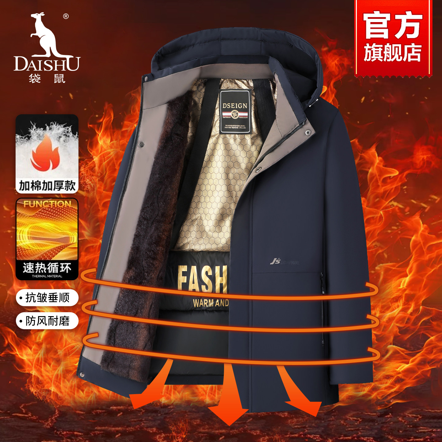 袋鼠棉服男款2025秋冬新款加绒加厚防寒棉袄休闲中年爸爸棉衣外套