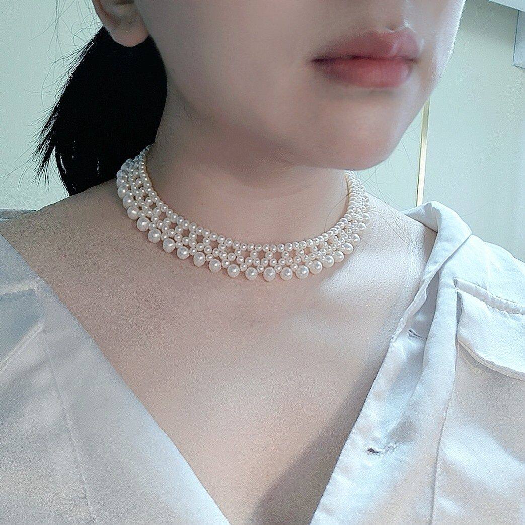 甲状腺疤痕天然淡水珍珠项链手工编织多层近圆强光颈纹项链