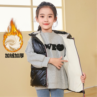 秋冬季儿童羽绒棉马甲加绒加厚男女童中大童连帽亮色免洗时尚背心
