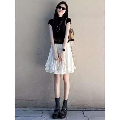 今年流行漂亮黑色上衣薄纱半身裙两件套装巨好看的夏装裙子女夏季