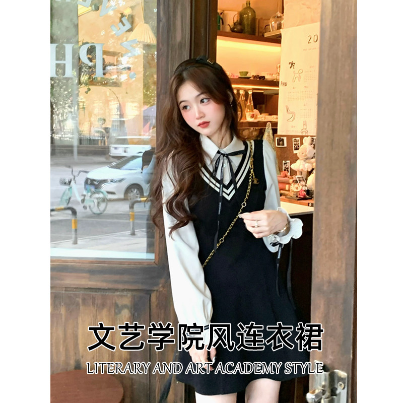 甜欲假两件连衣裙女春秋新款韩版学院风polo领长袖蝴蝶结a字短裙A