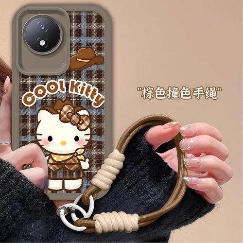 格纹凯蒂猫适用于vivoY11手机壳y11全包V2236A磨砂可爱KT猫防摔软壳高级感vivo保护套卡通气囊创意新款手机套