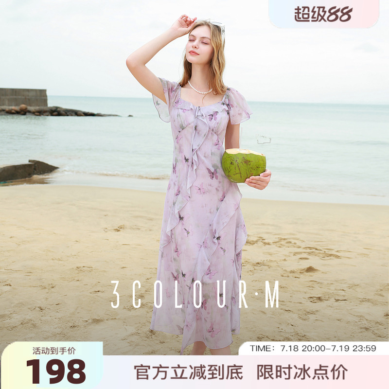 三彩2025夏季新款木耳边荷叶袖蝴蝶印花雪纺连衣裙大摆长裙M