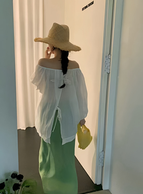 NN | 麻料一字领后开叉七分袖衬衫女秋季新款韩系宽松防晒上衣