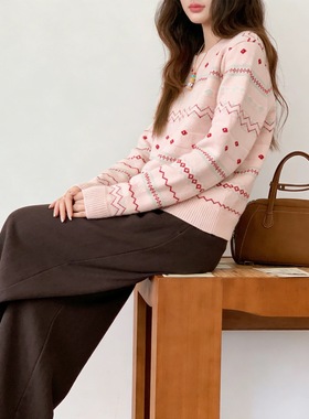 NN | 粉色费尔岛圆领针织衫毛衣女秋冬季加厚小个子宽松套头上衣