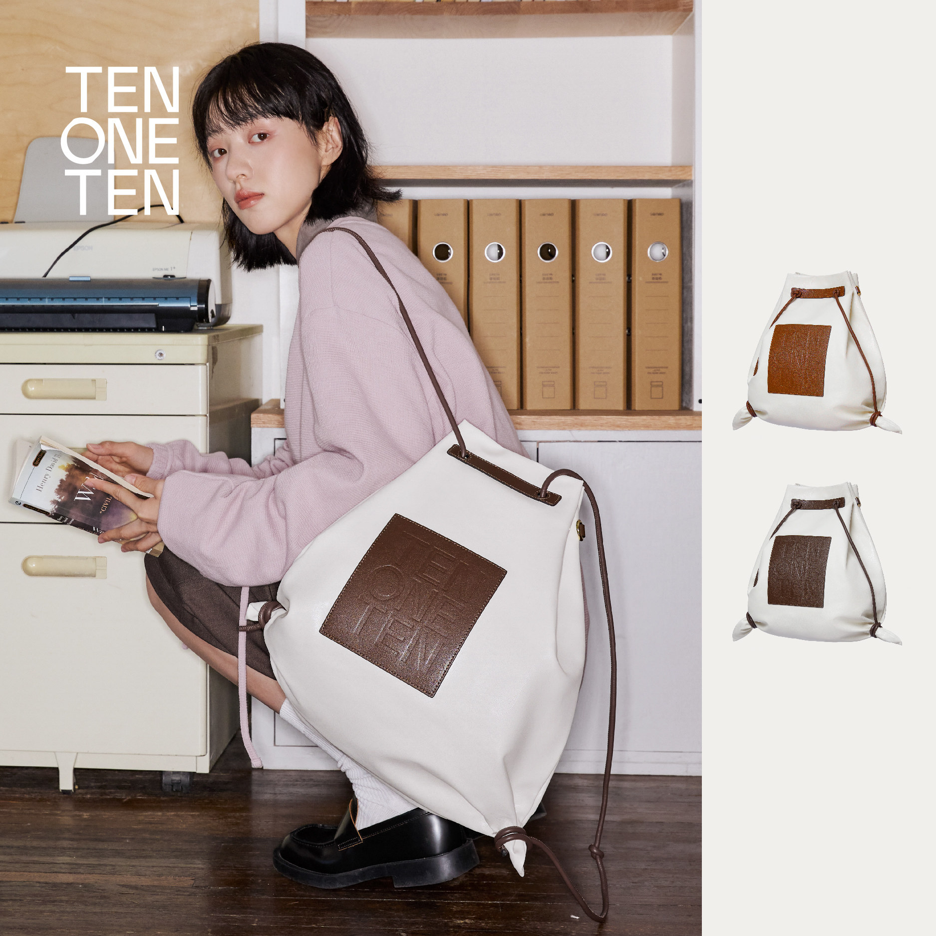 TEN ONE TEN 一包三用可双肩背斜跨手提皮革束口粽子包