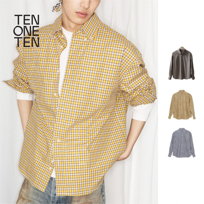 TEN ONE TEN 落肩微阔版型百搭黄色黑白格纹衬衫