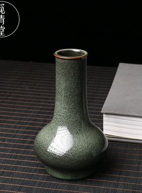 龙泉窑宋逸青瓷名家严加云黑美人仿古南宋直颈瓶高档陶瓷花器收藏