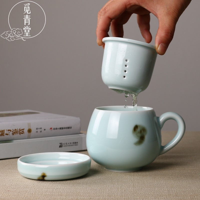 精品龙泉青瓷同心杯泡茶杯家用办公水杯茶隔杯陶瓷带盖过滤马克杯