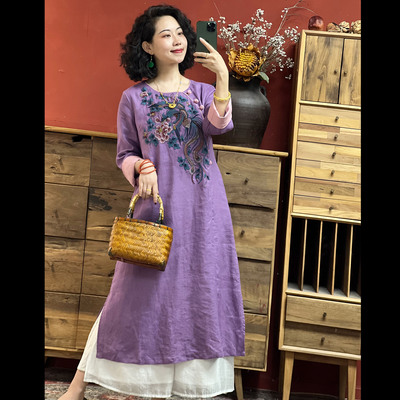 【羽裳】民族风刺绣女亚麻改良中长款茶服连衣裙L037
