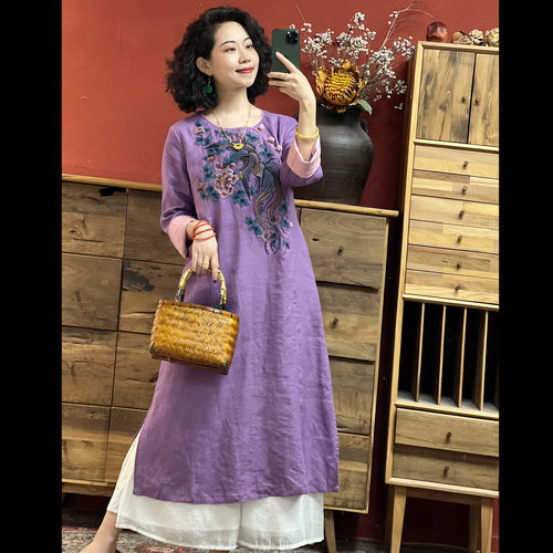 【羽裳】民族风刺绣女亚麻改良中长款茶服连衣裙L037