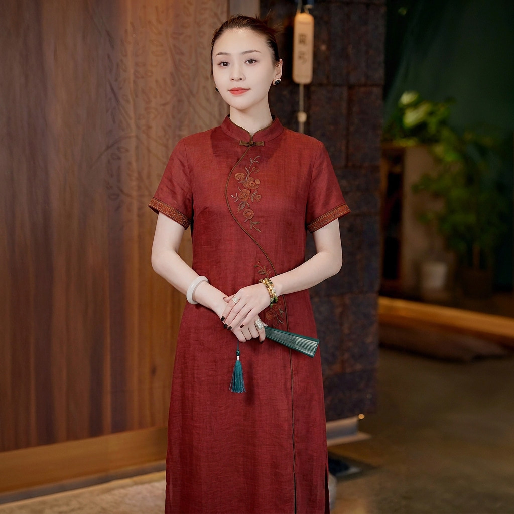 羊在在民族风中式苎麻刺绣修身显瘦裙子优雅双层改良旗袍裙MLK638