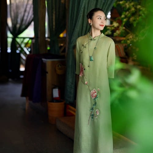 羊在在正品新中式纯苎麻旗袍连衣裙女刺绣两件套修身显瘦YL1227