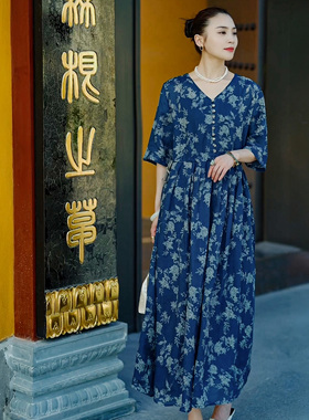 羊在在【素影】夏季新中式国风纯苎麻印花显瘦连衣裙LYQ26XQ327