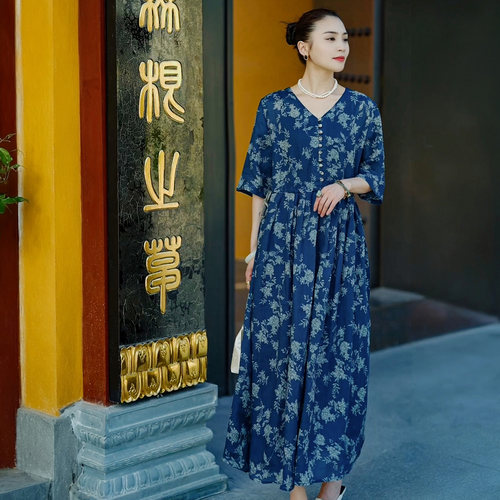 羊在在【素影】夏季新中式国风纯苎麻印花显瘦连衣裙LYQ26XQ327