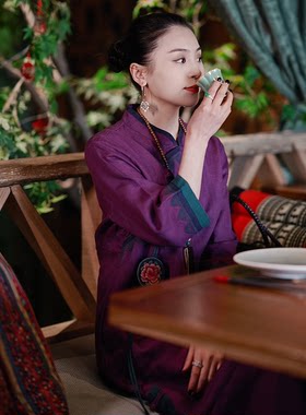 羊在在【紫陌听春】民族风中式显瘦复古长款亚麻连衣裙YL1672