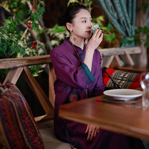 羊在在【紫陌听春】民族风中式显瘦复古长款亚麻连衣裙YL1672