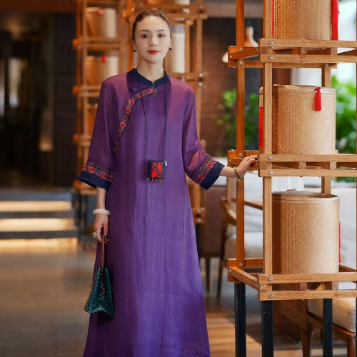 羊在在正品苎麻连衣裙女夏季中老年显瘦遮肚子旅游旗袍裙YL1690