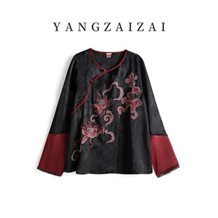 羊在在 民族风国风刺绣上衣女宽松圆领茶服SY24XL108 红莲华