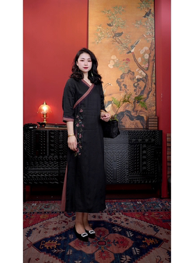 羊在在 民族风国风亚麻显瘦大气百搭优雅连衣裙LYQ26YL1645