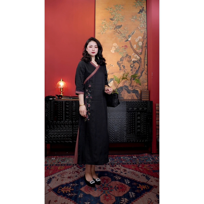 羊在在 民族风国风亚麻显瘦大气百搭优雅连衣裙LYQ26YL1645