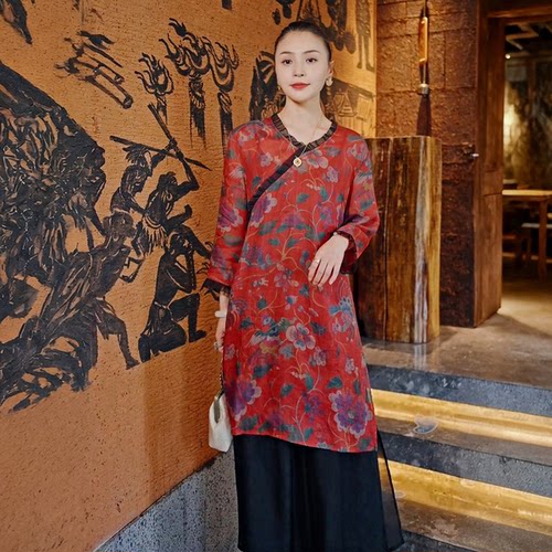 羊在在正品夏季印花连衣裙中式遮肚显瘦裙子纯苎麻舒适透气XQ403