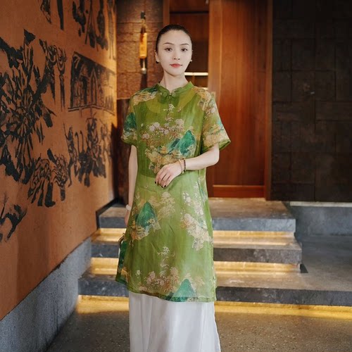 羊在在正品夏季短袖印花盘扣连衣裙奥戴旗袍遮肚纯苎麻透气XQ009