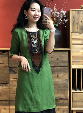 【羊在在】民族风国风夏季新款重工刺绣圆领气质流苏连衣裙L035