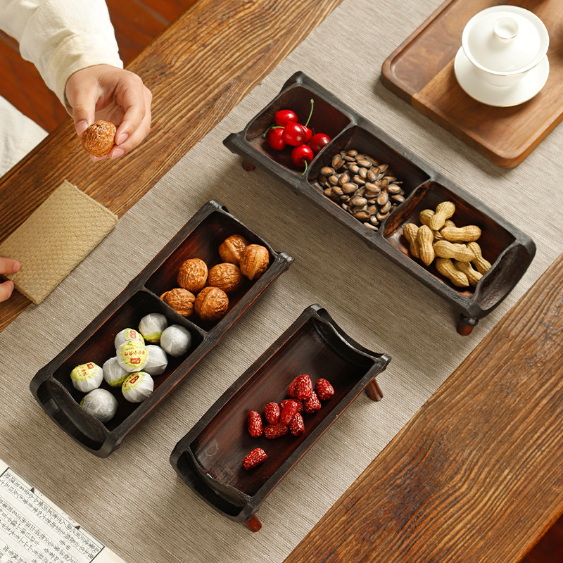 大漆复古竹制茶点盘碳化竹托盘家用零食点心盘水果盘日式茶道收纳