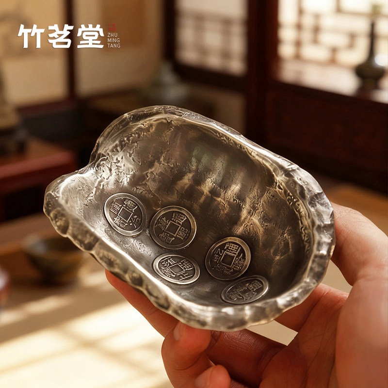 龟壳五帝钱纯银茶则赏茶荷茶具六君子龟背足银精工打造手把玩收藏