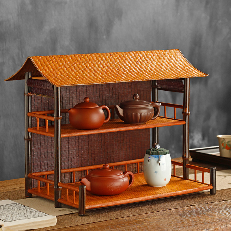 紫竹竹编晾杯架茶具收纳架茶杯沥水架中式复古茶棚桌面博古架摆件
