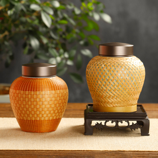 竹制纯锡盖茶叶罐扣瓷便携密封罐竹筒储茶叶盒醒茶叶桶大号包装