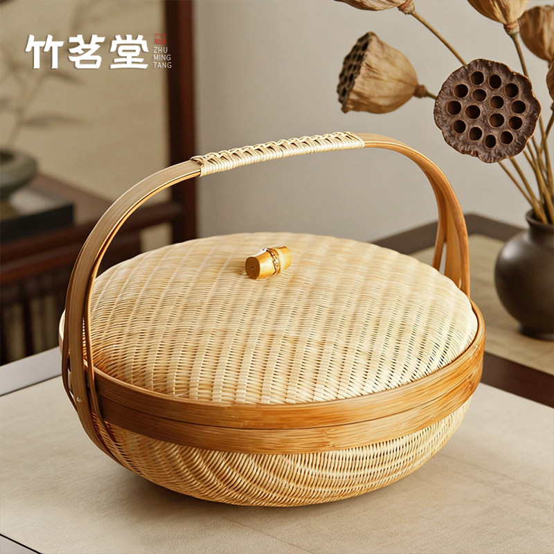 手工竹编带盖提篮竹编篮子收纳篮野餐篮家用水果篮装放鸡蛋馒头筐