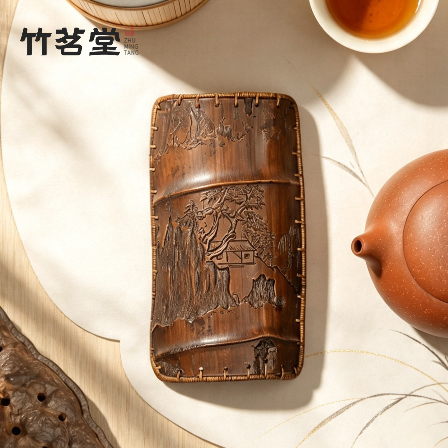 仿竹雕紫铜茶则手工大漆藤编席面茶荷新中式复古禅意茶勺茶道茶桌