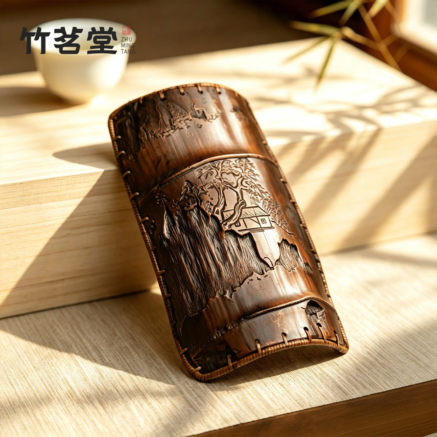 复古仿竹雕紫铜茶则中式大漆藤编席面虫噬茶荷手工茶室文玩取茶器