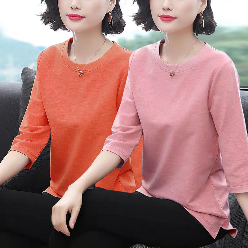 新款大码女装七分袖上衣糖果色洋气打底衫宽松百搭中长袖T恤女衫