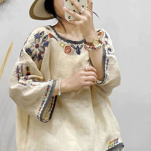 文艺复古2026夏季 棉麻短袖 圆领上衣百搭宽松百搭休闲T恤衫 女 新款