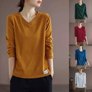 V领t恤女长袖宽松2025春季新款韩版显瘦百搭上衣大码休闲打底衫女
