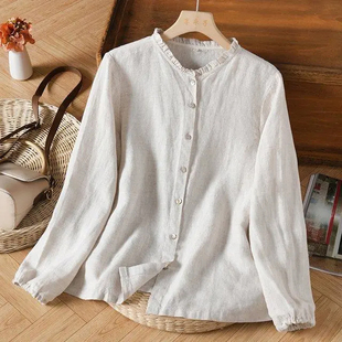 木耳边文艺复古棉麻长袖衬衫女装春秋季休闲宽松简约纯棉开衫衬衣