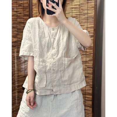 夏季新款棉麻短袖衬衫百搭上衣休闲宽松遮肉百搭文艺女装口袋设计