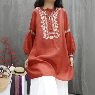 休闲宽松薄款 2026夏季 T恤气质女 上衣百搭中长款 棉麻长袖 新款 长袖